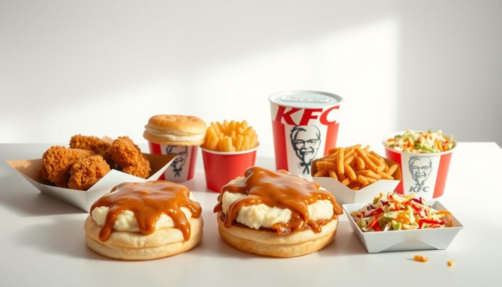 A neatly arranged display of delectable KFC lunch menu items, captured in a clean, bright studio setting with natural, soft lighting. A wide variety of classic KFC favorites, including juicy fried chicken, flaky biscuits, creamy mashed potatoes, savory gravy, and vibrant coleslaw, are elegantly presented on a neutral-colored surface, allowing the vibrant colors and textures of the food to take center stage. The composition is balanced, with items arranged in an appealing, symmetrical layout, creating a sense of harmony and completeness. The overall mood is one of mouthwatering temptation, inviting the viewer to explore the diverse and satisfying options of the KFC lunch menu.