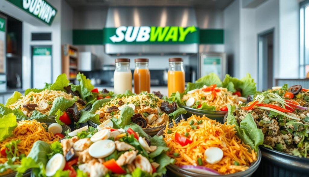 A neatly arranged display of fresh, vibrant salads in a sleek, well-lit Subway setting. In the foreground, a selection of crisp greens, colorful vegetables, and protein-rich toppings like grilled chicken, hard-boiled eggs, and shredded cheese. The middle ground showcases a variety of dressings and garnishes, creating a visually appealing and appetizing presentation. The background features the clean, modern aesthetic of a Subway restaurant, with stainless steel fixtures and a minimalist design that complements the fresh, healthy vibe of the salads. The lighting is soft and natural, casting a warm glow over the scene and enhancing the appetizing quality of the display.