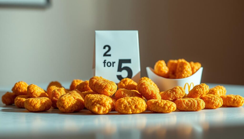 A perfectly arranged display of McDonald's Chicken McNuggets in a sleek, modern setting. The foreground features a stylized mix-and-match arrangement of the golden-brown nuggets, their crispy exteriors glistening under warm, directional lighting. The middle ground showcases the iconic McDonald's packaging, clean and minimalist, emphasizing the "2 for $5" deal. The background is a subtly blurred, neutral-toned surface, allowing the featured items to take center stage. The overall composition conveys a sense of high-quality, appetizing product presentation, suitable for showcasing this McDonald's menu special.