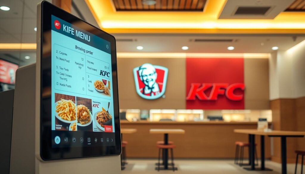 A sleek, modern digital interface showcasing the KFC menu. In the foreground, a large touchscreen display dominates the scene, its crisp, high-resolution graphics inviting customers to browse and order. The interface features intuitive navigation, vibrant food imagery, and smooth animations, creating an engaging and seamless ordering experience. In the middle ground, the KFC brand is prominently displayed, its iconic Colonel Sanders logo and warm, inviting color palette setting the tone. The background subtly suggests a contemporary KFC restaurant, with clean lines, warm lighting, and a minimalist design aesthetic. The overall scene conveys efficiency, convenience, and a high-tech, yet approachable, dining experience.