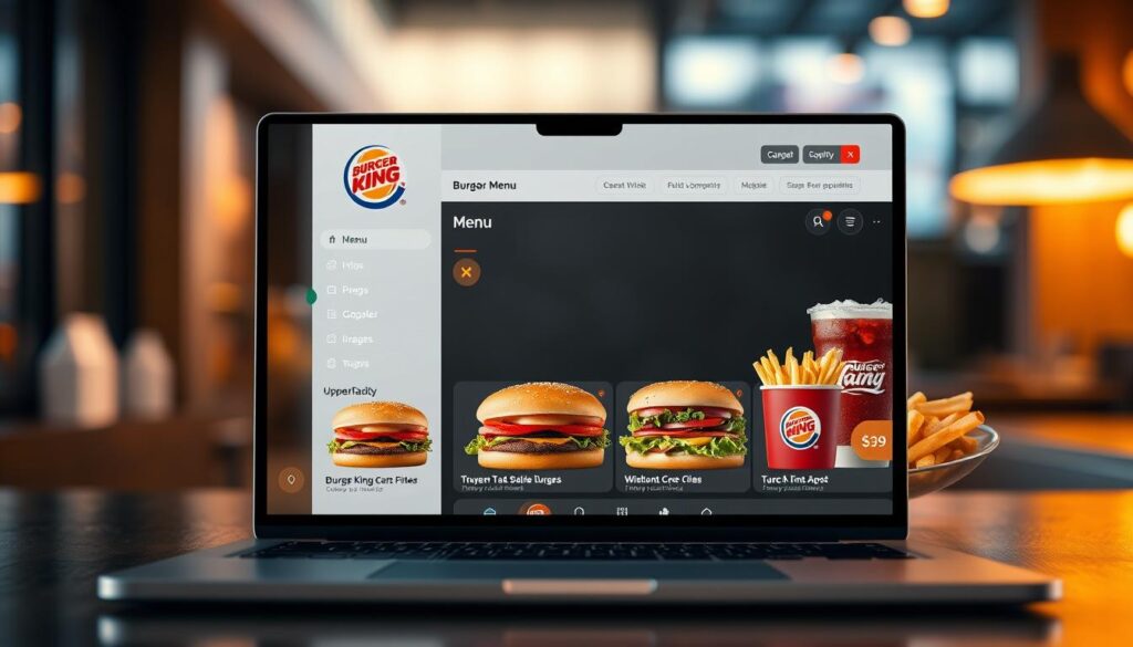 A sleek, modern interface with a clean, minimalist design. The Burger King online menu navigation panel is centrally positioned, with high-quality food imagery showcasing the restaurant's signature burgers, fries, and drinks. The layout is organized and intuitive, with clear category labels and intuitive icons guiding the user through the ordering process. Warm, diffused lighting creates a welcoming ambiance, while a subtle depth of field blurs the background, keeping the focus on the digital menu. The overall aesthetic is polished and inviting, reflecting Burger King's brand identity and encouraging an effortless, enjoyable online ordering experience.