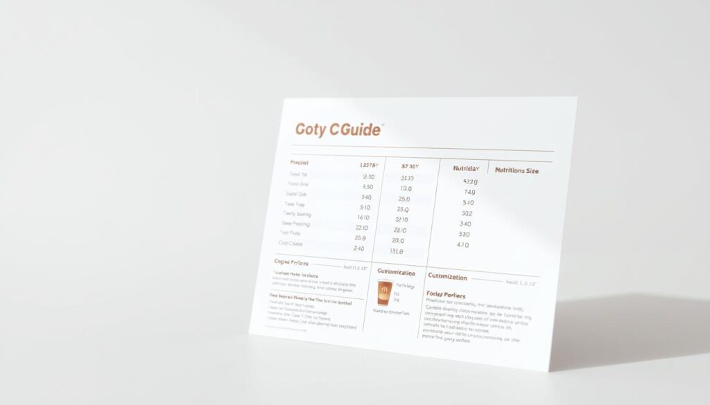 A sleek, modern-looking "McDonald's Coffee Nutrition Guide" displayed on a clean, white background. The guide features a minimalist design with clear, easy-to-read nutritional information for various coffee sizes and customization options. The guide is presented in a 3/4 angle, with subtle highlights and shadows creating depth and dimension. The layout is balanced, with ample white space and a visually appealing hierarchy of information. The overall mood is informative, professional, and slightly aspirational, reflecting the healthier, more health-conscious side of the McDonald's coffee menu.