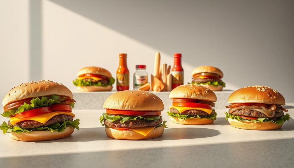 A stylish still life showcasing healthy burger options from McDonald's, set against a sleek, minimalist backdrop. In the foreground, a selection of freshly prepared burgers featuring lean protein, colorful produce, and whole grain buns, artfully arranged on a neutral-toned surface. Soft, natural lighting casts a warm glow, highlighting the vibrant hues and textures of the ingredients. In the middle ground, a neatly organized array of condiments and toppings, allowing for personalized, nutritious burger customization. The background features a clean, uncluttered space, emphasizing the focus on the healthy meal choices. The overall mood is one of sophistication, health-consciousness, and appetizing appeal.