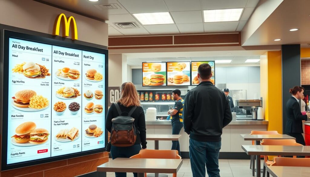 A stylized, high-resolution photorealistic image of a McDonald's restaurant interior, showcasing the all-day breakfast ordering options. The scene depicts a well-lit, clean dining area with bright, vibrant colors. In the foreground, the camera focuses on a large digital menu board displaying a comprehensive list of breakfast items available throughout the day, including classic favorites like Egg McMuffins, Hotcakes, and Hash Browns. The middle ground features customers interacting with the counter staff, placing their orders. The background shows the kitchen area, where the preparation of the breakfast items can be observed. The overall atmosphere conveys a sense of efficiency, convenience, and the iconic McDonald's dining experience.