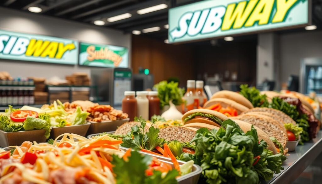 A sunlit deli counter displaying an array of fresh, low-calorie Subway sandwich options. In the foreground, a selection of lean proteins, crisp vegetables, and whole-grain breads neatly arranged. The middle ground features various condiments and toppings, each adding flavor and texture without excessive calories. In the background, a clean, modern Subway interior with bright lighting and minimalist decor, creating a welcoming, health-conscious atmosphere. The scene is captured with a wide-angle lens, providing a comprehensive view of the nourishing sandwich combinations available to the health-conscious customer.