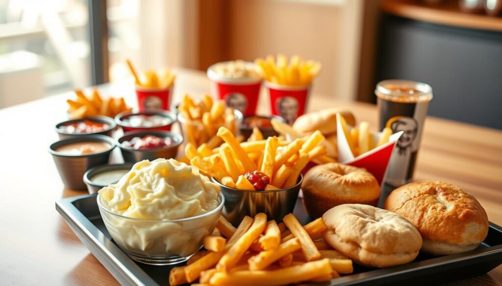 A tantalizing display of KFC's signature sides, artfully arranged in a visually appealing composition. The foreground features an array of classic KFC sides, such as creamy mashed potatoes, crispy golden fries, and fluffy biscuits, all presented on a sleek, modern tray. The middle ground showcases the customization options, with various dipping sauces, seasonings, and condiments, allowing the viewer to envision the perfect combo meal. The background maintains a soft, blurred focus, creating a sense of depth and emphasizing the main subjects. The lighting is warm and natural, highlighting the vibrant colors and textures of the KFC offerings. The overall mood is one of mouthwatering anticipation, inviting the viewer to explore the delicious possibilities of KFC's signature sides and combo customization.