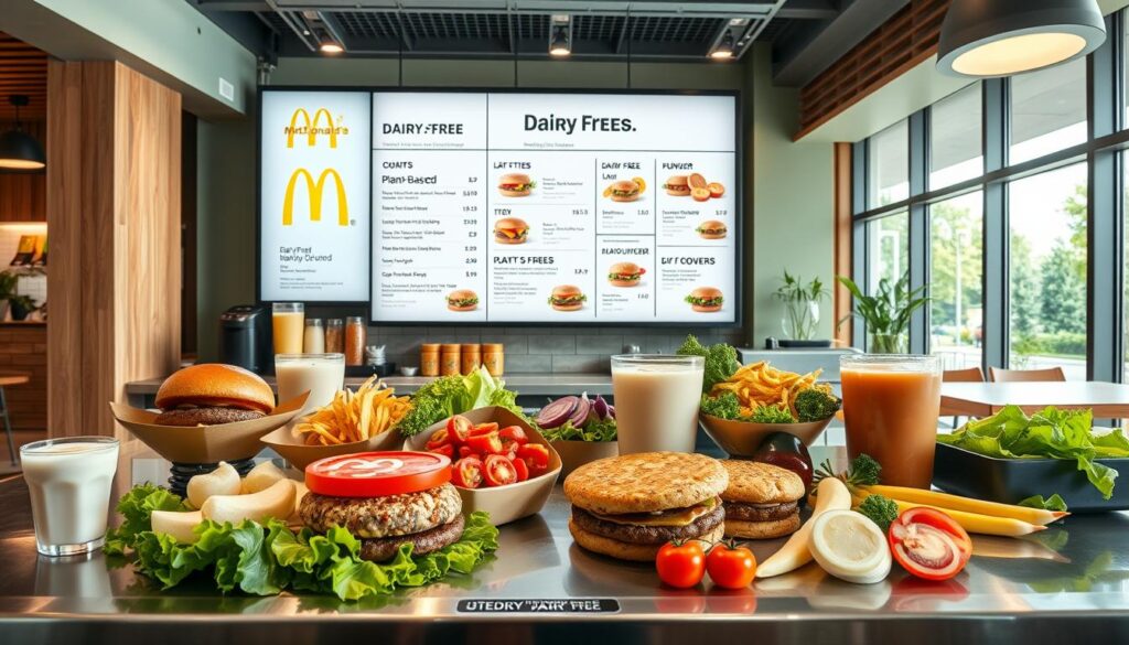 A vibrant and appealing display of dairy-free menu options at a modern McDonald's restaurant. In the foreground, a selection of plant-based patties, dairy-free beverages, and fresh produce such as lettuce, tomatoes, and onions are neatly arranged on a sleek, stainless steel counter. The middle ground features a minimalist, well-lit menu board showcasing the dairy-free offerings in a clean, easy-to-read layout. The background captures the restaurant's modern, eco-friendly design, with natural wood accents, large windows, and a subtle green color scheme. The lighting is soft and diffused, creating a welcoming and appetizing atmosphere. The overall scene conveys a sense of health, quality, and dairy-free accessibility within the iconic McDonald's brand.