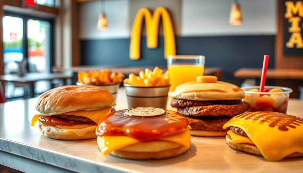 A vibrant and appetizing display of McDonald's breakfast menu items, captured in a crisp, high-resolution photograph. The foreground features an array of classic breakfast favorites, including a golden-brown Egg McMuffin, a fluffy stack of Hotcakes, and a savory Sausage McMuffin with Egg, all arranged on a clean, modern tabletop. The middle ground showcases a selection of delectable sides, such as hash browns and a fresh fruit cup, while the background subtly hints at the cozy, inviting atmosphere of a McDonald's restaurant, with hints of the iconic golden arches visible in the distance. The lighting is warm and natural, creating a mouthwatering ambiance that perfectly captures the essence of McDonald's irresistible breakfast deals.