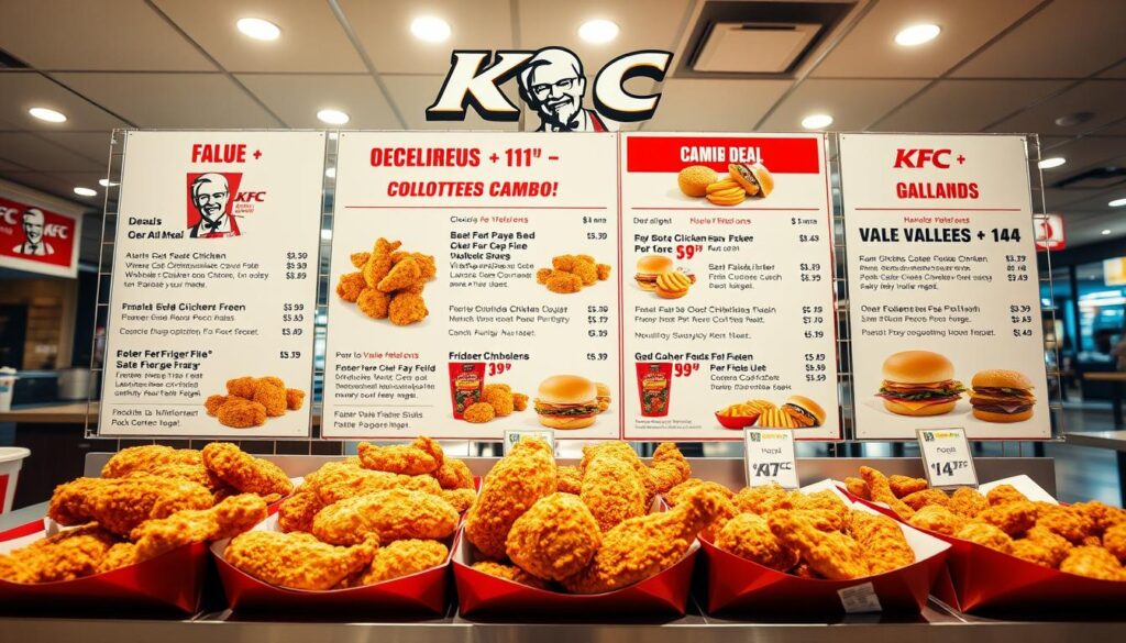 A vibrant and detailed image of the KFC menu, showcasing the various value meal and combo options. The foreground features a clean, well-lit display of the menu items, with mouthwatering images of fried chicken, biscuits, and sides. The middle ground includes price points and brief descriptions of the deals, presented in a clear, easy-to-read format. The background is a warm, inviting KFC restaurant interior, with subtle branding elements and a hint of the bustling kitchen activity. The overall scene is shot with a wide-angle lens, creating a sense of depth and immersion, and the lighting is soft and natural, highlighting the appetizing qualities of the food. The mood is one of delicious anticipation, inviting the viewer to explore the enticing options available.