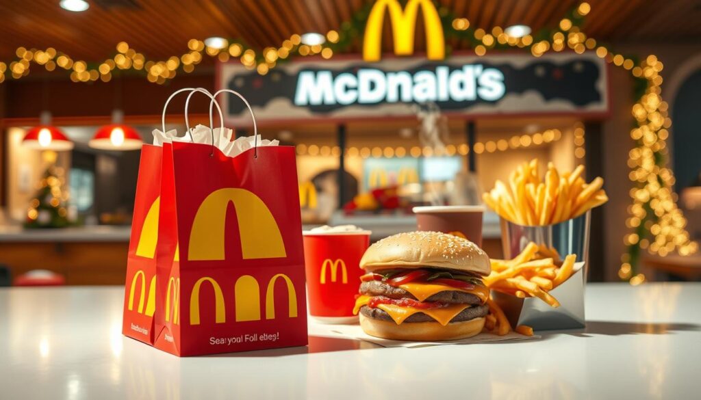 A vibrant and enticing display of McDonald's seasonal value menu offerings, captured under warm, golden lighting. In the foreground, a stack of colorful paper bags featuring the iconic arches and festive holiday-themed graphics, hinting at the delectable treats within. In the middle ground, an arrangement of various menu items such as a festive burger, a steaming cup of hot cocoa, and a side of crisp fries, all arranged artfully on a clean, white surface. The background features a blurred, out-of-focus view of a cozy, winter-themed McDonald's restaurant, complete with twinkling string lights and a welcoming atmosphere. The overall scene evokes a sense of festive indulgence and the inviting allure of McDonald's seasonal value menu.