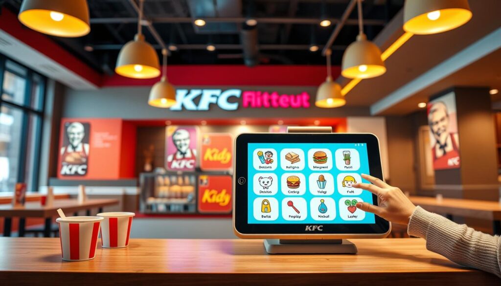 A vibrant and intuitive digital ordering interface for KFC Kids Meals, featuring a playful, kid-friendly design. The foreground showcases a colorful and engaging menu with tempting meal options, interactive icons, and friendly character illustrations. The middle ground depicts a sleek, user-friendly touchscreen device, with smooth transitions between menu sections and easy-to-navigate controls. The background sets the scene in a modern, well-lit KFC restaurant, with warm lighting and a cozy, family-friendly atmosphere. The overall composition conveys a sense of excitement and delight, encouraging kids to explore the menu and customize their meal with ease.