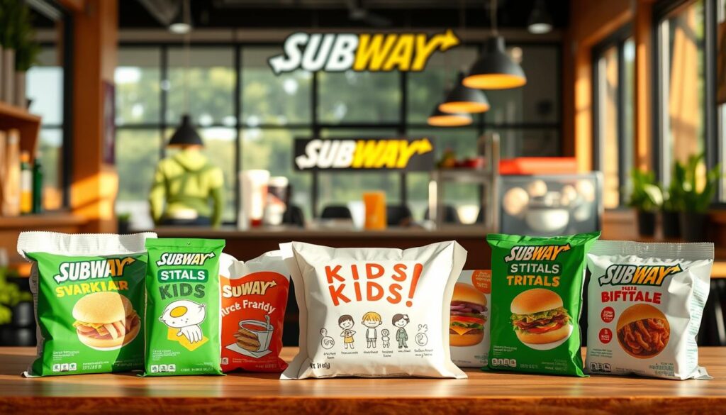 A vibrant and inviting display of Subway's Kids Meal Deals, showcasing an array of delectable options against a warm, cafe-inspired backdrop. The foreground features a clean, minimalist arrangement of kid-friendly meal packaging, each with its own distinct pricing and contents. The middle ground highlights eye-catching graphics and illustrations that capture the playful, wholesome essence of Subway's kid-centric offerings. In the background, a softly blurred scene evokes the cozy ambiance of a neighborhood Subway location, complete with natural lighting filtering through large windows and a hint of modern, urban decor. The overall composition exudes an atmosphere of approachability, nutrition, and value, perfectly aligning with the "Value Meals and Combo Deals" section of the article.