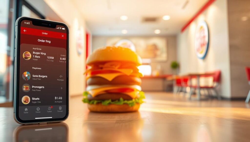 A vibrant and seamless mobile experience showcasing the Burger King app's key features. In the foreground, a sleek smartphone displays the app's intuitive interface, highlighting options for ordering, customizing burgers, and accessing promotions. The middle ground features a 3D-rendered Whopper burger, casting warm, tantalizing lighting across the scene. In the background, a modern, minimalist restaurant interior sets the stage, complete with clean lines, neutral tones, and a touch of Burger King's iconic red accents. The overall atmosphere conveys a sense of efficiency, convenience, and the brand's commitment to satisfying the customer's cravings.