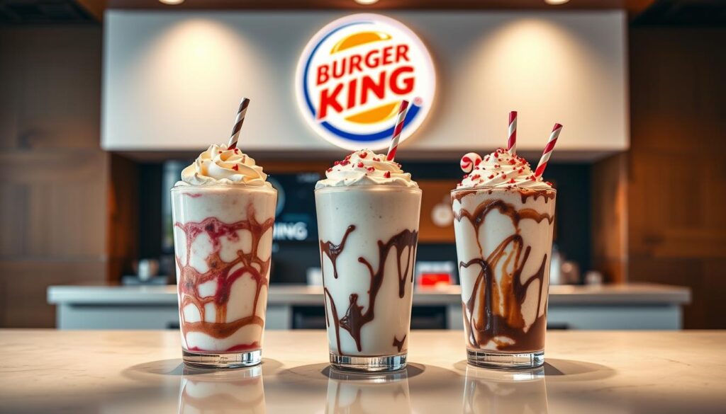 A vibrant, brightly lit image showcasing a selection of Burger King's limited edition milkshakes. In the foreground, three large, creamy milkshakes in unique, seasonal flavors - perhaps a strawberry swirl, a decadent chocolate, and a festive peppermint - sit atop a glossy countertop, their whipped cream toppings and colorful straws inviting the viewer to indulge. In the middle ground, the iconic Burger King logo and branding elements are prominently displayed, setting the scene in a modern, well-lit Burger King restaurant. The background features a softly blurred, warm interior with wooden accents, conveying a cozy, premium atmosphere that complements the premium milkshake offerings.