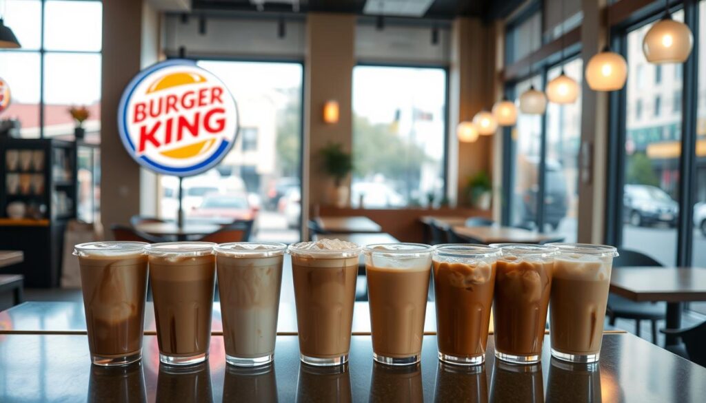 A vibrant cafe interior, with a prominent Burger King logo prominently displayed. In the foreground, an array of iced coffee cups in various flavors - vanilla, mocha, caramel, and more - arranged neatly on a polished counter. Soft, natural lighting filters through large windows, casting a warm glow over the scene. The middle ground features sleek, modern cafe furnishings and decor, hinting at the range of customization options available. In the background, a blurred view of the bustling street outside, suggesting the refreshing, on-the-go appeal of Burger King's iced coffee offerings.