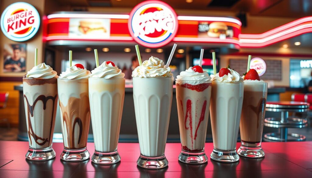 A vibrant collection of Burger King milkshake varieties, showcased in a stylish diner setting. In the foreground, an array of tall, creamy milkshakes in classic flavors like chocolate, vanilla, and strawberry, topped with whipped cream and colorful cherries. In the middle ground, a sleek Burger King countertop with stainless steel accents and retro-inspired signage. The background features a warm, vintage-inspired diner interior with tiled floors, chrome-accented stools, and a cheerful, neon-lit ambiance. Soft, diffused lighting creates a cozy, inviting atmosphere, highlighting the tempting textures and vibrant colors of the milkshakes. The overall composition conveys the indulgent, nostalgic experience of enjoying a delicious Burger King milkshake.