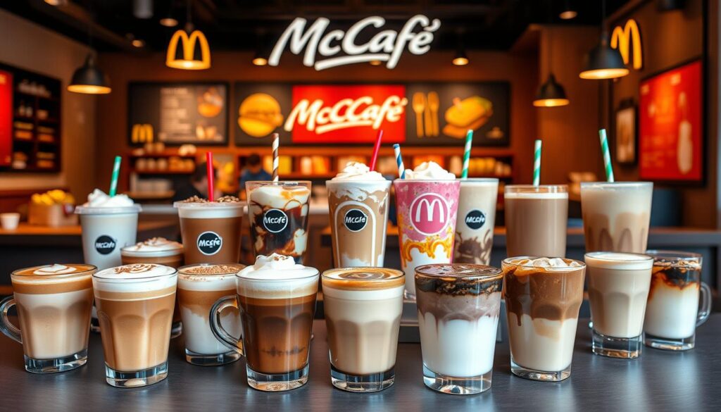 A vibrant display of McCafé's beverage selection, captured in a warm, inviting atmosphere. In the foreground, an array of meticulously crafted coffee drinks, including classic lattes, cappuccinos, and frothy hot chocolates. The middle ground showcases a variety of chilled beverages, such as refreshing iced coffees and creamy milkshakes, all set against a backdrop of the distinctive McCafé branding and decor. The lighting is soft and diffused, creating a cozy, café-like ambiance. The camera angle is slightly elevated, providing a comprehensive view of the tempting array of McCafé's delectable drink options.