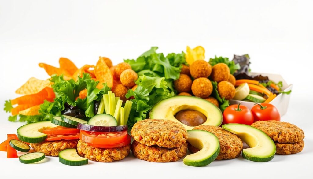 A vibrant display of Subway's plant-based sides and snacks, captured in a crisp, well-lit studio setting. In the foreground, an artful arrangement of colorful veggie patties, crisp cucumber slices, juicy tomatoes, and creamy avocado halves. Behind them, a variety of crunchy vegetable chips, savory baked falafel bites, and fresh leafy greens spill across a minimalist white backdrop. Soft, diffused lighting highlights the natural textures and vivid hues, creating a clean, appetizing atmosphere. The composition emphasizes the freshness and variety of Subway's vegetarian offerings, inviting the viewer to explore this delightful plant-based selection.