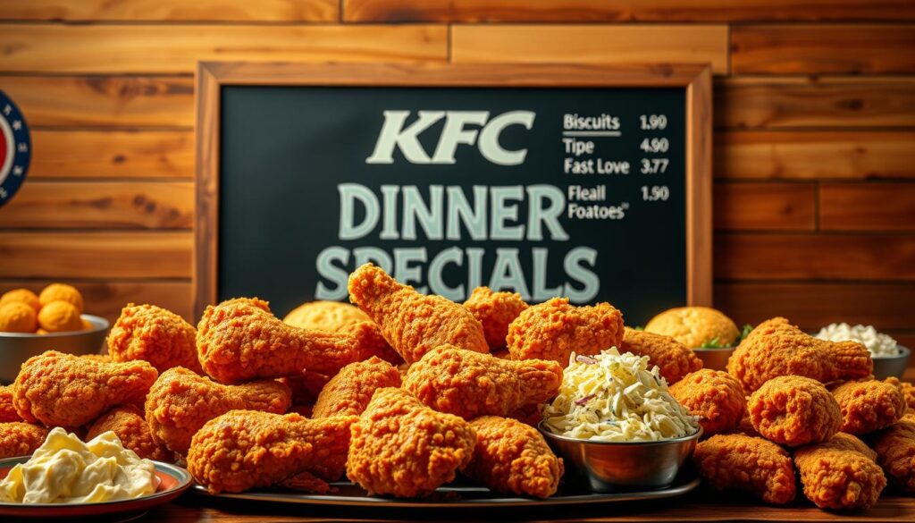 A vibrant, high-contrast image of a KFC dinner display set against a warm, rustic backdrop. In the foreground, a mouthwatering selection of KFC's signature fried chicken, golden-brown and glistening, arranged in a bountiful spread. Surrounding the chicken, a variety of delectable sides like creamy mashed potatoes, flaky biscuits, and crisp coleslaw. The middle ground features a chalkboard-style menu board showcasing the "KFC Dinner Specials" in bold, inviting typography. Soft, diffused lighting casts a cozy, homey atmosphere, while the background subtly suggests the warm, welcoming ambiance of a classic KFC restaurant. The overall composition conveys the irresistible allure of KFC's hearty, freshly-prepared dinner offerings.