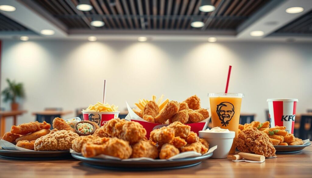 A vibrant, high-quality image of the KFC menu specials and deals, featuring an array of mouthwatering fried chicken dishes, sides, and beverages. The foreground showcases the key menu items in a visually appealing arrangement, captured with a professional-grade camera lens that emphasizes the textures, colors, and tempting details of the food. The middle ground includes a clean, minimalist background that allows the menu items to take center stage, while the background provides a subtle, elegant context, such as a sleek, modern KFC restaurant interior or a softly blurred outdoor setting. The lighting is well-balanced, creating a warm, inviting atmosphere that heightens the appetite appeal of the menu specials. The overall composition and styling convey a sense of premium quality, limited-time exclusivity, and the signature KFC brand experience.