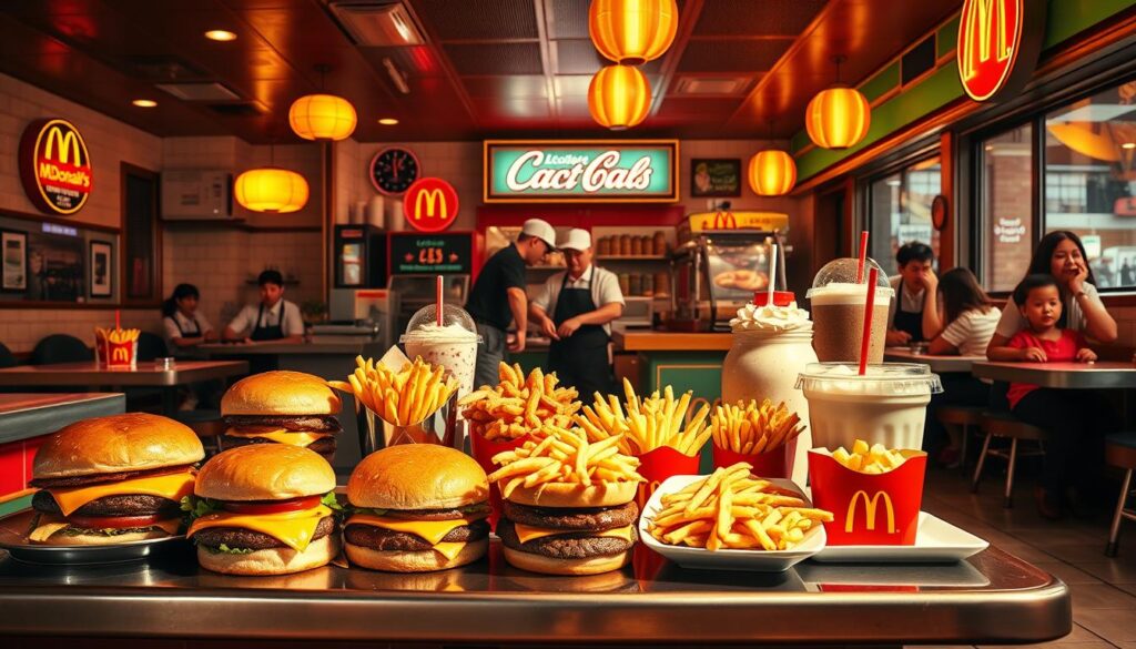A vibrant, hyperrealistic diner-style scene showcasing an array of regional McDonald's secret menu items. In the foreground, a selection of unique burgers, fries, and shakes against a backdrop of a retro-inspired McDonald's restaurant interior, complete with tiled floors, neon signs, and vintage decor. The middle ground features staff members in classic uniforms meticulously preparing the off-menu creations, while the background captures the bustling energy of a busy McDonald's location, with customers eagerly awaiting their exclusive, local-inspired dishes. Warm, golden lighting casts a nostalgic glow, and the composition is shot from a slightly elevated angle to capture the dynamic scene. The overall atmosphere conveys a sense of discovery and the excitement of unveiling hidden culinary gems.
