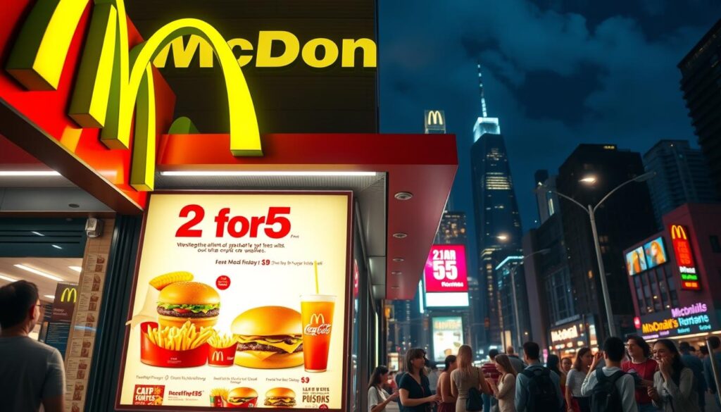 A vibrant neon-lit McDonald's storefront, the iconic Golden Arches illuminating the night sky. In the foreground, a large menu board displays the "2 for $5" deal, with beautifully rendered burgers, fries, and drinks. The middle ground showcases a diverse crowd of customers, diverse in age and ethnicity, enjoying the delicious offerings. In the background, a cityscape of skyscrapers and bustling streets, indicating the nationwide availability of this special. The scene is bathed in a warm, inviting glow, capturing the sense of convenience and affordability that the "2 for $5" deal represents.