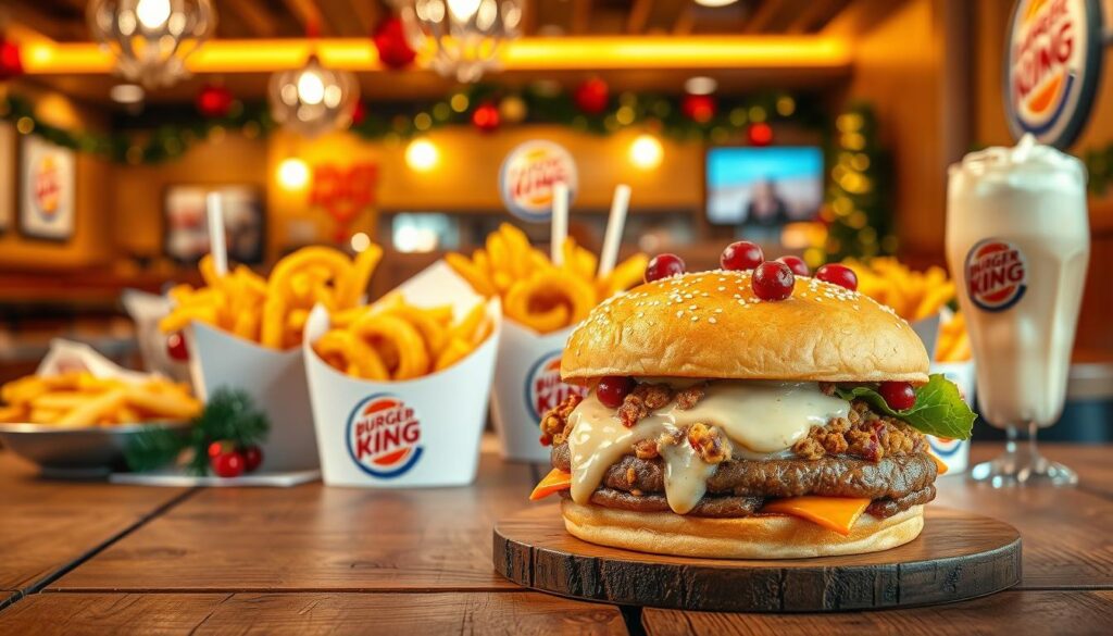A vibrant, seasonal Burger King dinner promotion scene. In the foreground, a large, juicy burger with festive toppings like cranberries, stuffing, and gravy, sitting on a rustic wooden table. The middle ground features an assortment of Burger King menu items, including fries, onion rings, and a milkshake, all arranged artfully. The background showcases a cozy, warm-lit Burger King restaurant interior, with holiday decorations and a cheerful, family-friendly atmosphere. The lighting is soft and inviting, highlighting the rich, mouthwatering textures of the food. The overall composition conveys a sense of holiday indulgence and seasonal comfort.
