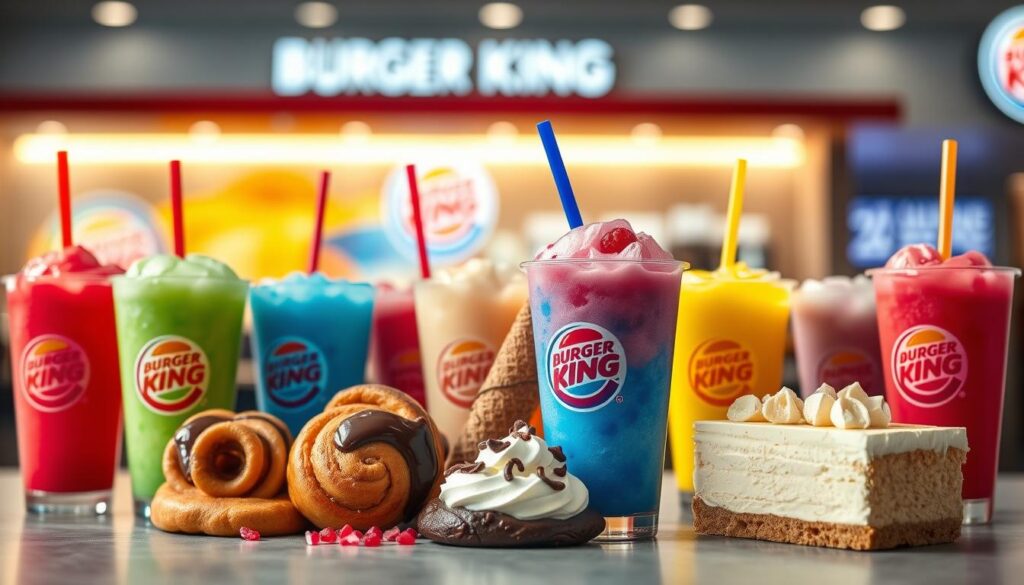 A vibrant, visually appealing scene of various Burger King Slushee flavors artfully combined with delectable desserts. In the foreground, an array of colorful Slushee cups in flavors like strawberry, blue raspberry, and lemon, each paired with a complementary dessert item such as a mini Cinnabon, a chocolate-dipped ice cream cone, and a slice of creamy cheesecake. The middle ground showcases the textures and contrasting colors of the drinks and sweets, captured in a soft, diffused lighting that creates a sense of inviting warmth. The background features a blurred, hazy backdrop reminiscent of a modern, stylish Burger King restaurant setting, evoking a refreshing and indulgent atmosphere.