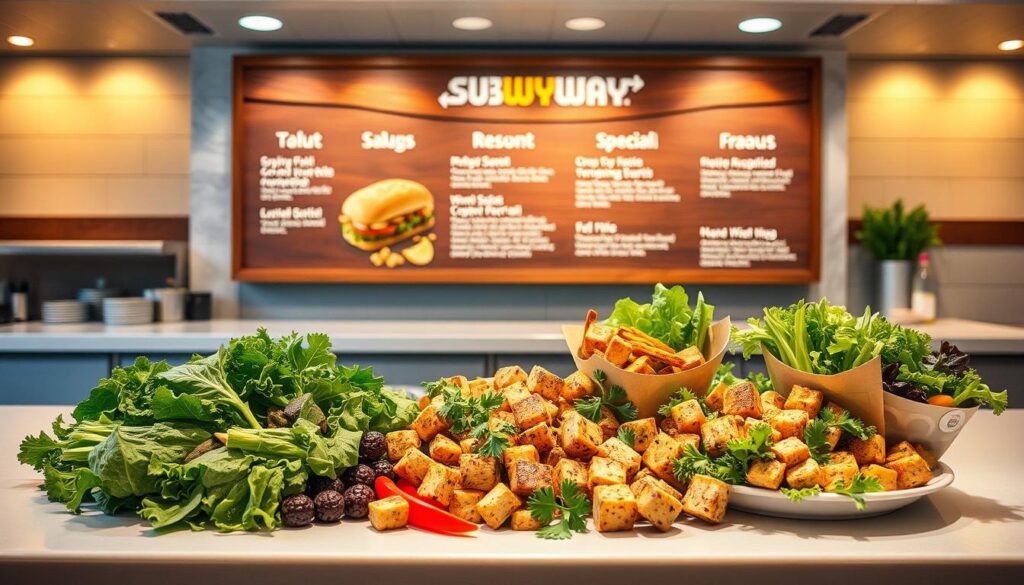 A vibrant, well-lit display of Subway's seasonal vegetarian specials, showcased on a clean, modern counter. In the foreground, a selection of freshly prepared plant-based ingredients, such as roasted vegetables, grilled tofu, and crisp salad greens, are artfully arranged. The middle ground features an elegant wooden menu board, highlighting the special offerings with appealing typography and design. In the background, a warm, natural lighting creates a welcoming ambiance, complementing the earthy tones and textures of the display. The overall composition conveys a sense of freshness, flavor, and the thoughtful curation of Subway's vegetarian menu options.