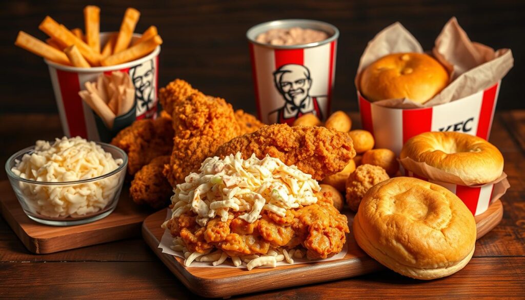 A visually appealing and comprehensive overview of the KFC menu, shot with a professional-grade camera lens in a warm, inviting lighting. The frame showcases a selection of KFC's most popular and iconic menu items, including their signature fried chicken, mashed potatoes, coleslaw, and biscuits, arranged neatly on a wooden table. The scene is designed to highlight the variety and quality of KFC's offerings, creating a mouthwatering and appetizing display that captures the essence of the KFC dining experience.