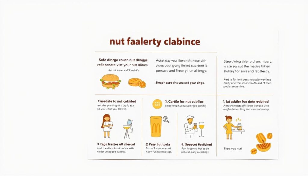 A well-designed, high-resolution image of a McDonald's safety guide on nut allergy information, set against a clean, white background. The guide features clear, legible text and helpful graphics illustrating the key steps to ensure safe dining for those with nut allergies. The layout is professional and visually appealing, with a neutral, informative tone. Careful attention is paid to the lighting, ensuring the image is crisp, clear, and easy to read. The overall impression is one of reliable, trustworthy guidance for health-conscious McDonald's customers.