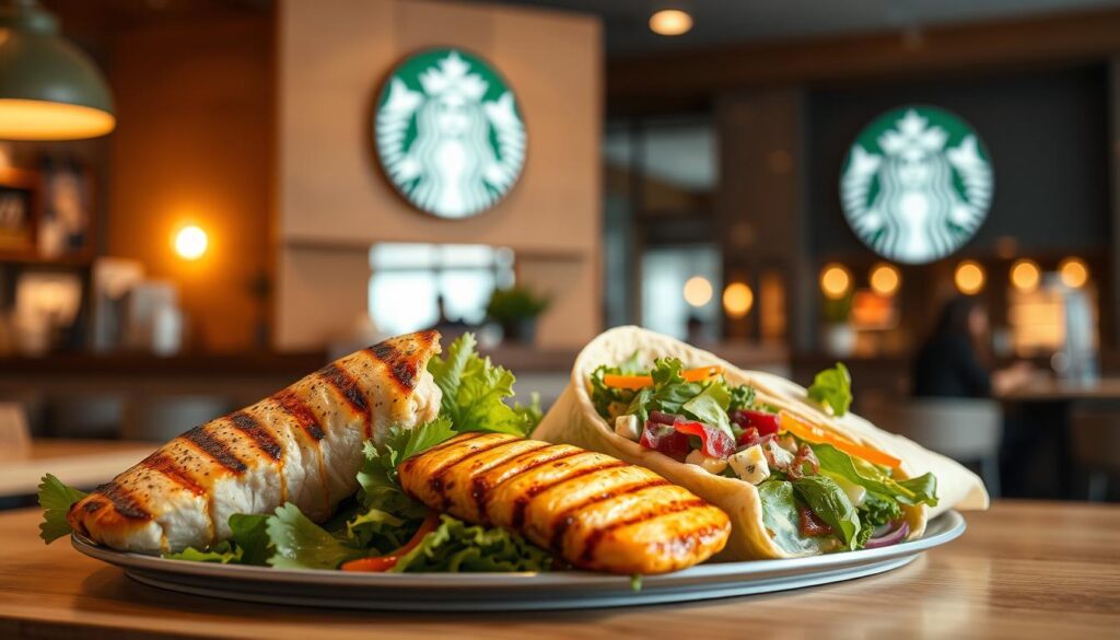A well-lit cafe setting, the Starbucks logo prominently displayed. In the foreground, an array of grilled chicken menu items arranged artfully - a juicy chicken breast, a flavorful wrap, and a crisp salad with vibrant toppings. The lighting casts a warm, appetizing glow, highlighting the fresh ingredients and inviting textures. In the background, a blurred view of the Starbucks interior, suggesting a cozy, inviting atmosphere. The overall composition conveys a sense of quality, health, and culinary delight, perfectly reflecting the "Starbucks Grilled Chicken Menu Overview."