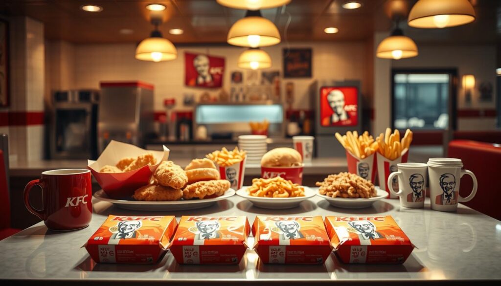 A well-lit diner counter displaying an array of delectable KFC breakfast items - golden-fried chicken tenders, fluffy biscuits, crispy hash browns, and steaming cups of coffee. The scene exudes an inviting, nostalgic atmosphere, with subtle reflections on the glossy countertop and a warm, slightly vintage lighting scheme. In the foreground, a variety of value meal options are prominently showcased, their packaging and visual elements designed to entice the viewer. The overall composition conveys the tempting, finger-lickin' good nature of KFC's morning fare, perfectly capturing the essence of the "Value Meal Options for Morning Diners" section.