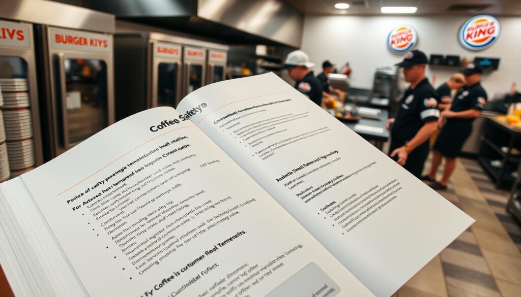 A well-lit, high-angle photograph of a formal Burger King training manual open to a page titled "Coffee Safety Policies". The page features a clean, professional layout with clear bullet points outlining safety procedures for handling hot coffee, including proper serving temperatures, spill cleanup, and customer service protocols. The background shows a meticulously organized Burger King kitchen, with stainless steel appliances, neatly arranged ingredients, and employees in crisp uniforms following the detailed instructions. The overall mood is one of diligence, attention to detail, and commitment to customer safety.