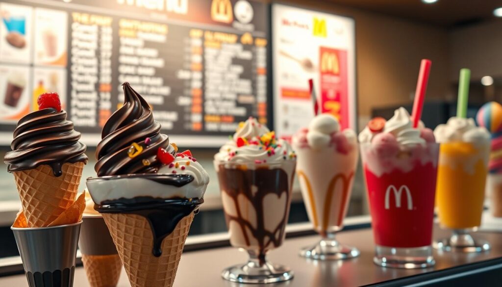 A well-lit, high-quality photograph of a McDonald's dessert menu display, showcasing a variety of tempting treats. The foreground features an array of desserts, including chocolate-dipped ice cream cones, sundaes with various toppings, and colorful McFlurry cups. The middle ground shows the menu board with neatly listed options, while the background subtly blurs, creating a soft, inviting atmosphere. The lighting is warm and natural, highlighting the vibrant colors and textures of the desserts. The overall composition is visually balanced and aesthetically pleasing, capturing the essence of McDonald's sweet offerings.