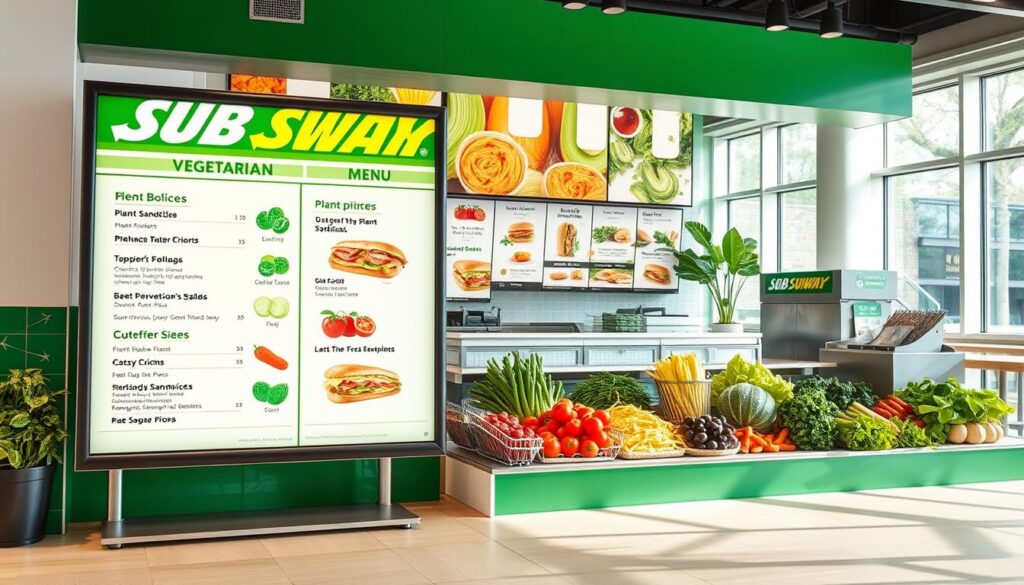 A well-lit, high-quality photograph of a Subway restaurant's vegetarian menu display, showcasing an array of fresh, vibrant produce-based options. The foreground features a clean, minimalist menu board with clear, appetizing descriptions of the various plant-based sandwiches, salads, and sides. The middle ground depicts neatly arranged ingredients like crisp lettuce, juicy tomatoes, creamy avocado, and crunchy vegetables, reflecting the restaurant's commitment to wholesome, flavorful vegetarian fare. The background provides a glimpse of the clean, modern Subway interior, with natural lighting streaming in through large windows, creating a welcoming, health-conscious ambiance.