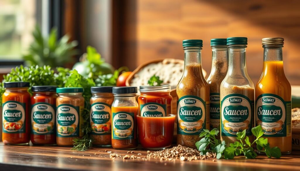 A well-lit, high-resolution close-up photograph of an assortment of Subway's new signature sauces and seasonings. The foreground features an array of glass bottles, jars, and shakers filled with various condiments and spices in vibrant hues. The bottles are arranged in an elegant, symmetrical composition, their labels prominently displayed. The middle ground includes fresh ingredients like herbs, vegetables, and freshly baked bread, creating a sense of culinary freshness. The background is softly blurred, emphasizing the main subject. Warm, natural lighting casts gentle shadows, highlighting the textures and reflections of the glass containers. The overall mood is one of quality, care, and attention to detail, reflecting Subway's new, flavor-packed offerings.