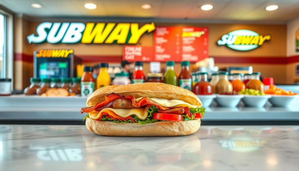 A well-lit, high-resolution image of a Subway countertop showcasing an array of breakfast sandwich customization options. In the foreground, an open-faced sandwich bun displays a selection of fresh ingredients including eggs, cheese, sausage, bacon, and vegetables. In the middle ground, various condiments, sauces, and toppings are arranged neatly, inviting the viewer to customize their sandwich. The background features the signature Subway branding and signage, establishing the setting. The lighting is warm and natural, capturing the inviting atmosphere of a Subway restaurant in the morning. The camera angle is slightly elevated, providing an appealing, appetizing perspective of the customization options.