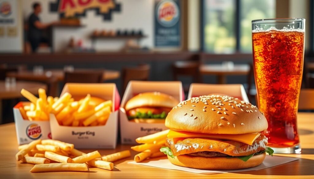 A well-lit, inviting scene of a Burger King family meal deal. In the foreground, a large, golden-brown hamburger bun with sesame seeds is the focal point, surrounded by crispy french fries and a tall glass of soda. In the middle ground, three separate burger boxes, each containing a different Burger King classic burger, are neatly arranged. The background features a soft, blurred view of a cozy Burger King dining area with wooden tables and chairs, creating a warm, family-friendly atmosphere. The lighting is natural and bright, casting a comforting glow over the entire scene. The overall composition and attention to detail evoke a sense of appetite-inducing, home-cooked comfort.