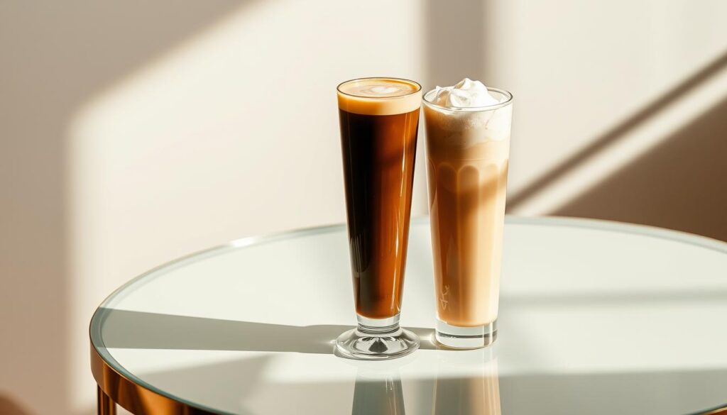 An elegant glass table set with two tall, slender glasses filled with McDonald's Cold Brew and Frappé Drinks. The Cold Brew has a rich, dark color and a light, creamy foam topping, while the Frappé is a frosty, blended delight in a delicate pastel hue. Crisp, natural lighting illuminates the drinks, casting soft shadows and highlighting the intricate details. The background is a serene, minimalist setting, allowing the beverages to take center stage. The overall composition radiates a sense of refined sophistication and invites the viewer to indulge in these enticing cold coffee creations.