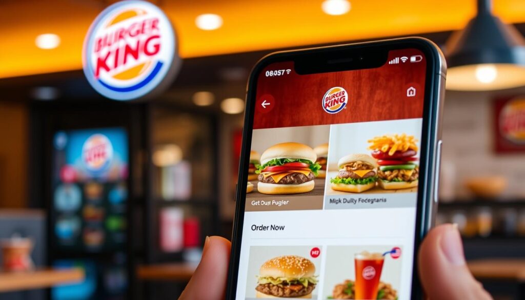 Burger King Online Order Mobile App Interface: A sleek, modern interface showcasing a vibrant Burger King logo at the top. The screen displays a user-friendly menu with high-quality images of various burgers, fries, and drinks. The layout is clean and intuitive, with clear navigation options and a prominent "Order Now" button. The background features a soft, blurred restaurant setting, subtly hinting at the satisfying in-person dining experience. Warm lighting and muted tones create a welcoming, appetizing atmosphere, inviting the user to effortlessly place their order and indulge in Burger King's delectable offerings.