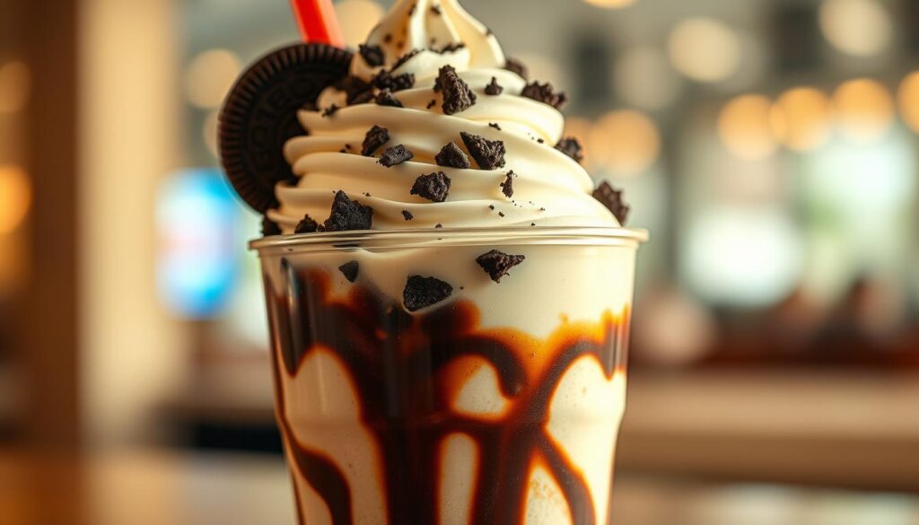 Delectable Oreo BK Blast Dessert: A Decadent Delight A close-up, high-resolution view of a creamy, swirled Oreo BK Blast dessert, presented in a clear glass or plastic cup. The dessert is layered with crumbled Oreo cookie pieces, rich chocolate syrup, and creamy vanilla soft-serve ice cream, topped with a generous dollop of whipped cream and a sprinkling of additional Oreo crumbs. The lighting is soft and warm, casting a golden glow on the dessert, highlighting its indulgent textures and flavors. The depth of field is shallow, keeping the dessert in sharp focus while subtly blurring the background. The overall composition and styling evoke a sense of temptation and indulgence, perfectly capturing the essence of the "Ultimate Oreo BK Blast Experience".