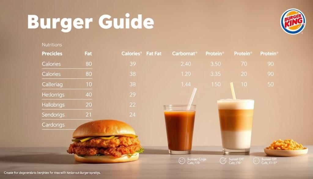 Detailed nutrition guide for Burger King breakfast menu items, presented on a sleek, minimalist design. Soft, warm lighting illuminates the carefully arranged food items - sandwiches, hash browns, and beverages - against a muted, neutral background. Precise calorie, fat, carbohydrate, and protein values are displayed in a clear, legible font, allowing health-conscious consumers to make informed choices. The layout is clean and organized, prioritizing readability and accessibility of the nutritional information. An elegant, professional aesthetic that effectively communicates the health-focused nature of the content.