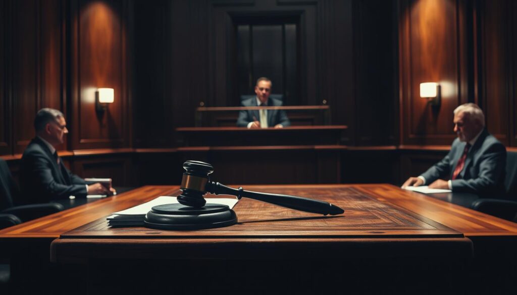 Prompt A dimly lit, high-contrast courtroom scene with a large wooden podium in the foreground. A judge's gavel and a stack of legal documents sit on the podium, casting dramatic shadows. In the middle ground, two opposing lawyers in sharp suits stand at their respective tables, engaged in a heated discussion. The background features a towering wooden bench, where a stern-faced judge presides over the proceedings. The atmosphere is tense and foreboding, evoking the gravity and legal complexities of the Burger King hot coffee incident.