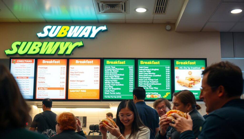 Subway Breakfast Hours and Availability Vibrant neon sign illuminating a bustling Subway restaurant interior, showcasing an elegantly designed menu board with clear, legible details on breakfast offerings and hours. Warm, inviting lighting casts a cozy glow, complemented by sleek, modern decor and clean lines. Customers in the foreground are enjoying their freshly prepared breakfast sandwiches, exuding a sense of satisfaction. The scene captures the convenience and appeal of Subway's all-day breakfast options, enticing the viewer to consider these delicious, high-quality breakfast choices to start their day.