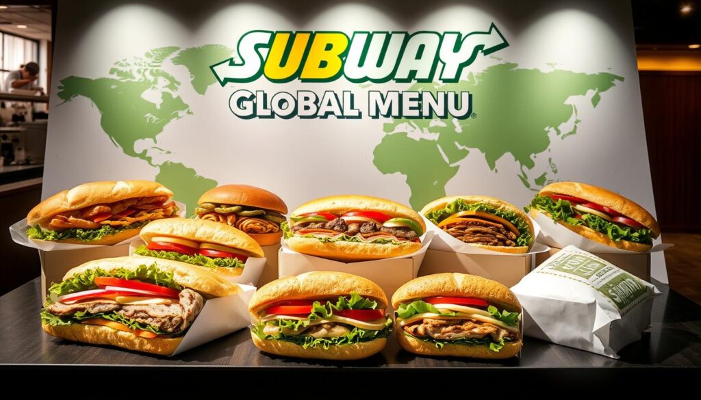 Subway Globally Inspired Menu Series: A vibrant, multicultural array of mouthwatering sandwiches showcased against a sleek, modern backdrop. Crisp lighting illuminates the fresh ingredients and bold flavors, while a minimalist design emphasizes the menu's international flair. Crisp shadows add depth, highlighting the textural contrasts of the breads, vegetables, and proteins. The scene exudes an inviting, cosmopolitan atmosphere, capturing the spirit of Subway's global culinary exploration.