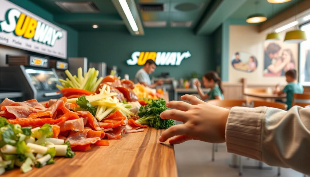 Subway Kids Sub Customization: A vibrant, photorealistic image showcasing a kid-friendly sub sandwich station. In the foreground, an array of colorful, fresh ingredients - sliced meats, crisp veggies, and gooey cheese - are neatly arranged on a wooden cutting board. A child's hand reaches in, personifying the customization experience. The middle ground features a modern, well-lit Subway counter, with a friendly staff member assisting a young customer. In the background, a cheerful, softly-lit Subway dining area invites families to enjoy their custom-made subs. Warm lighting, clean lines, and a welcoming atmosphere create an appetite-whetting scene that captures the joy of Subway's kid-focused menu options.