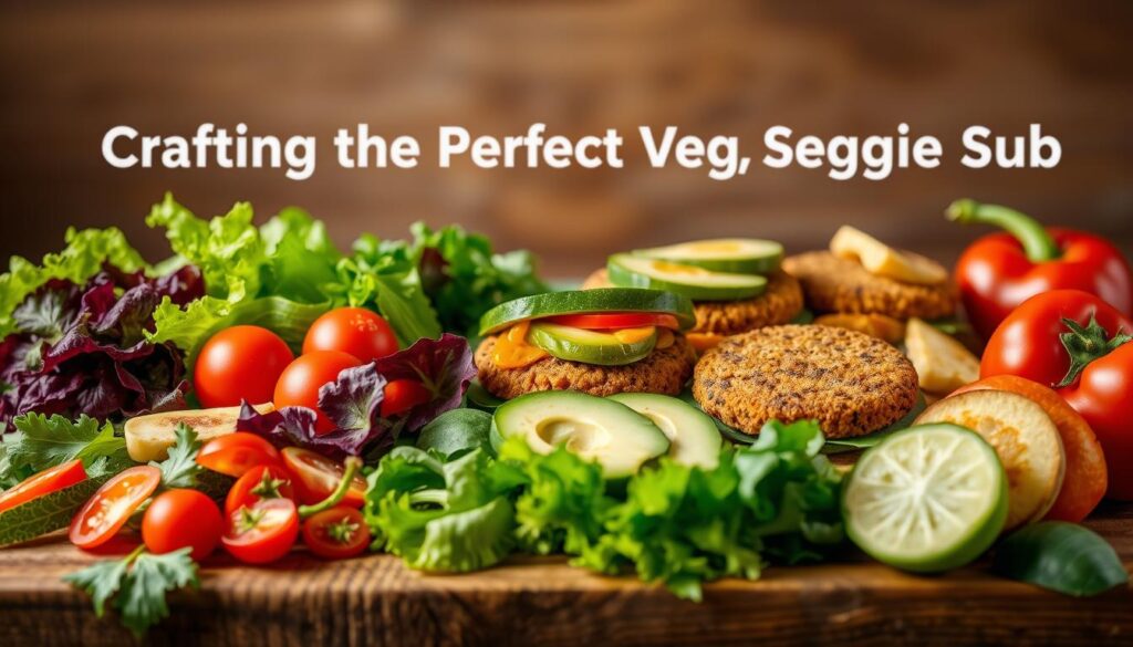 Subway Vegetarian Sandwich Choices: a neatly arranged display of fresh, vibrant vegetables and plant-based protein options on a wooden surface, illuminated by natural, diffused lighting. In the foreground, a selection of crisp lettuce, juicy tomatoes, crunchy cucumbers, and colorful bell peppers. In the middle ground, various meat-free patties, such as spicy veggie or falafel, alongside creamy avocado slices and tangy pickles. The background features a rustic, slightly out-of-focus backdrop, conveying a sense of artisanal craftsmanship and wholesome appeal. The overall composition and color palette evoke a clean, appetizing, and inviting atmosphere, perfectly capturing the essence of "Building the Perfect Veggie Sub".